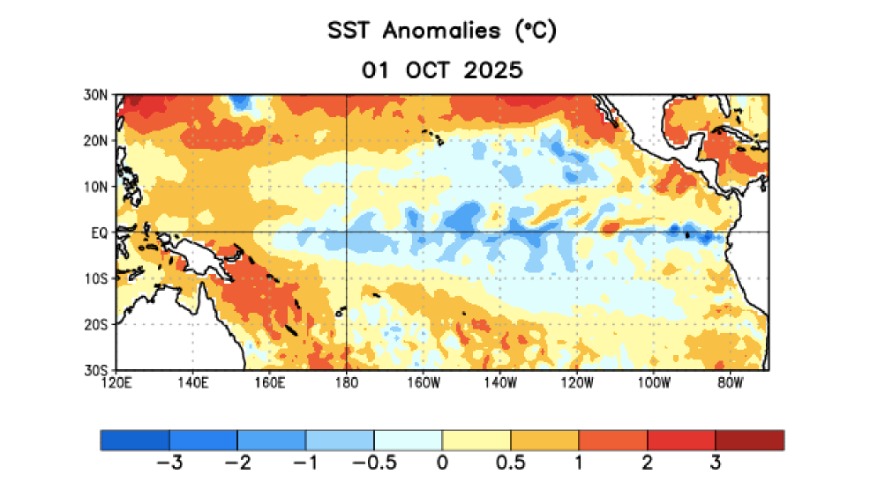 Anomalía de temperaturas en la superficie del océano que indican prevalencia del fenómeno de La Niña.