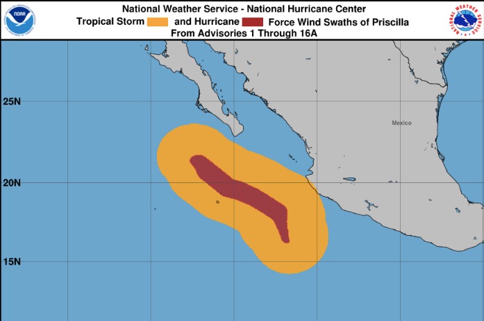 Área de influencia de la tormenta tropical Priscilla en el océano Pacífico. NHC