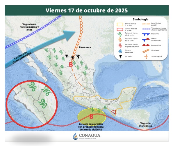 Áreas de vigilancia por potencial de tormentas en México. Sinaloa en el círculo. Conagua-SMN