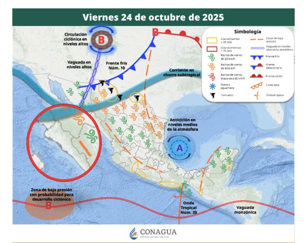 Áreas de vigilancia por potencial de tormentas en México. Sinaloa en el círculo. Conagua-SMN