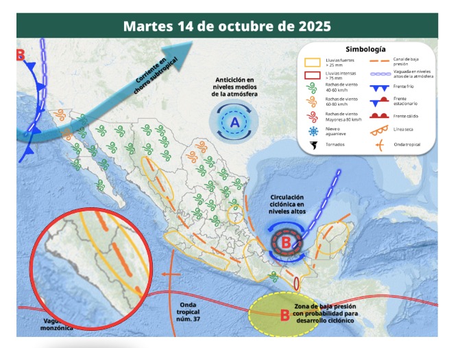 Áreas de vigilancia por potencial de tormentas en México. Sinaloa en el círculo. Conagua-SMN