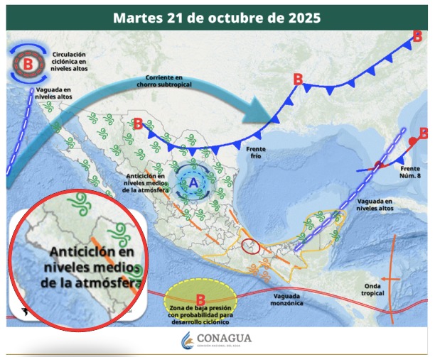 Áreas de vigilancia por potencial de tormentas en México. Sinaloa en el círculo. Conagua-SMN