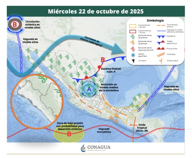 Áreas de vigilancia por potencial de tormentas en México. Sinaloa en el círculo. Conagua-SMN