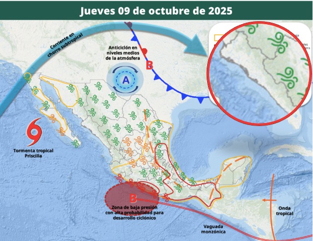 Áreas de vigilancia por potencial de tormentas en México. Sinaloa en el círculo. Conagua-SMN