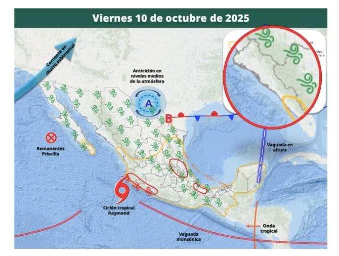 Áreas de vigilancia por potencial de tormentas en México. Sinaloa en el círculo. Conagua-SMN