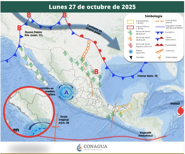 Áreas de vigilancia por potencial de tormentas en México. Sinaloa en el círculo. Conagua-SMN
