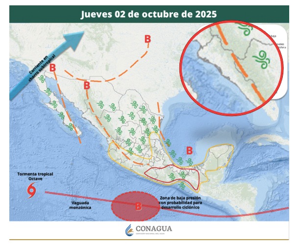 Áreas de vigilancia por potencial de tormentas en México. Sinaloa en el círculo. Conagua-SMN