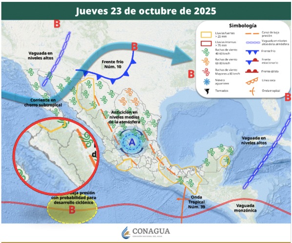 Áreas de vigilancia por potencial de tormentas en México. Sinaloa en el círculo. Conagua-SMN