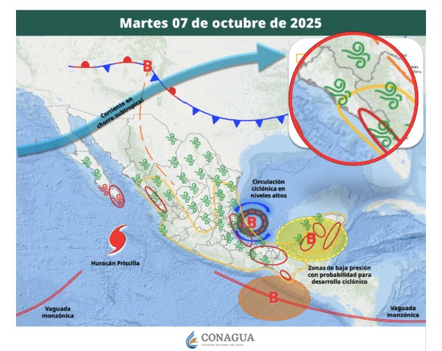 Áreas de vigilancia por potencial de tormentas en México. Sinaloa en el círculo. Conagua-SMN