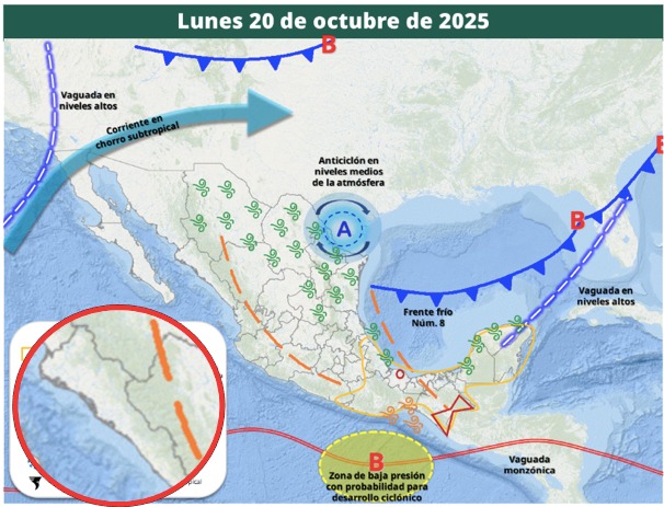 Áreas de vigilancia por potencial de tormentas en México. Sinaloa en el círculo. Conagua-SMN