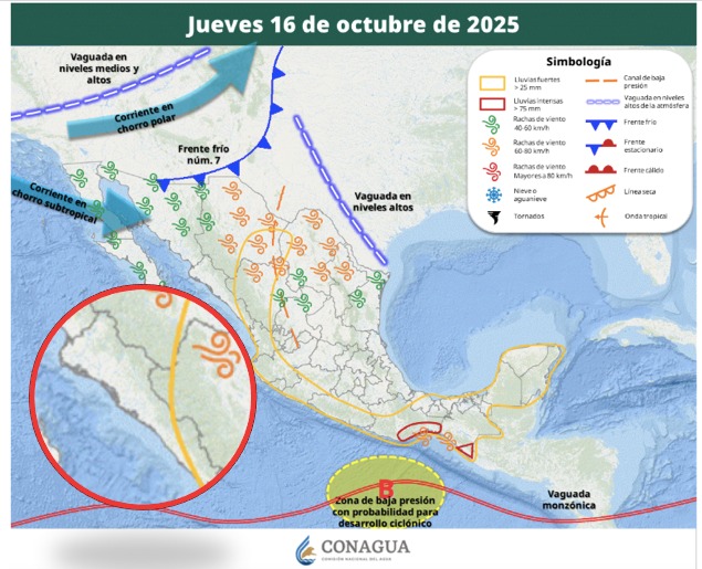 Áreas de vigilancia por potencial de tormentas en México. Sinaloa en el círculo. Conagua-SMN