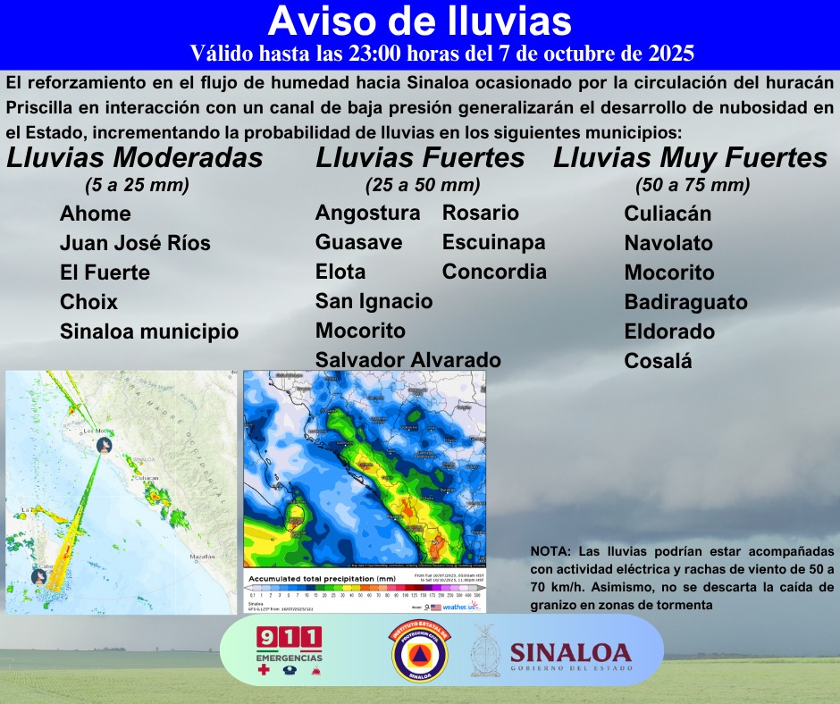 Aviso de lluvias emitido por Protección Civil.