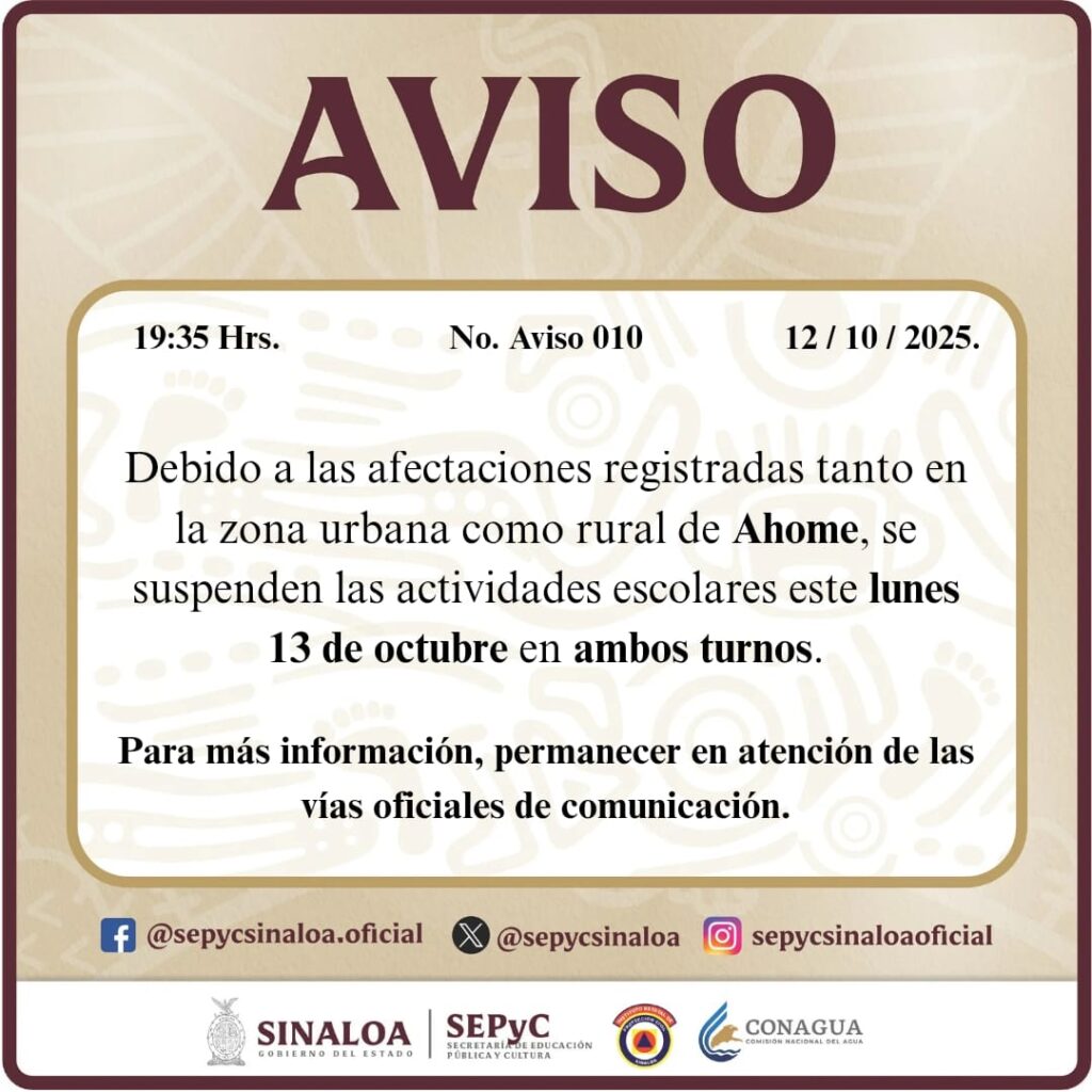 Aviso de suspensión de clases emitido por la Sepyc.