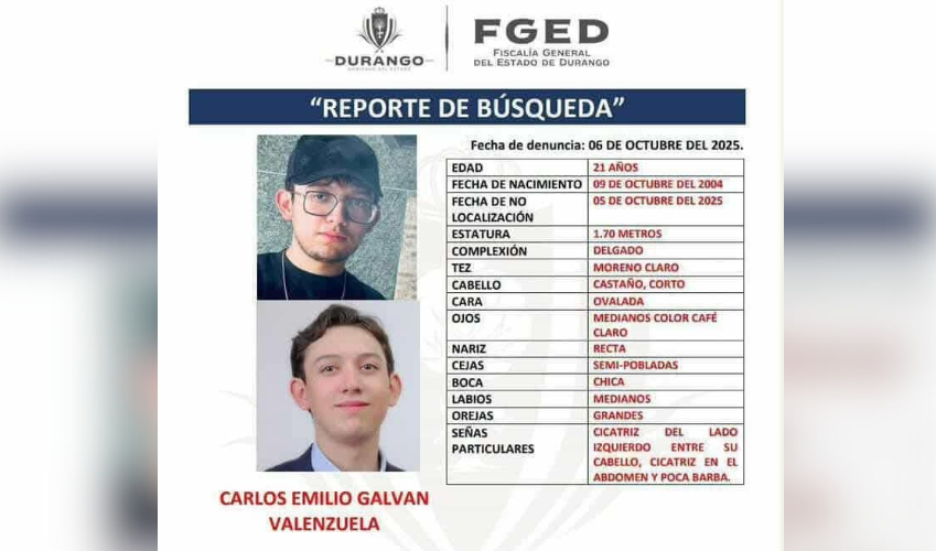 Ficha de búsqueda de Carlos Emilio Galván Valenzuela emitida por la FGED