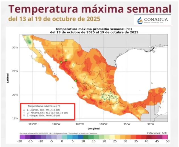 Temperaturas máximas semanales del 13 al 19 de octubre de 2025. SMN