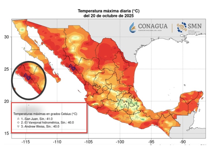 Temperaturas máximas el 20 de octubre de 2025, Sinaloa con los tres primeros lugares. SMN