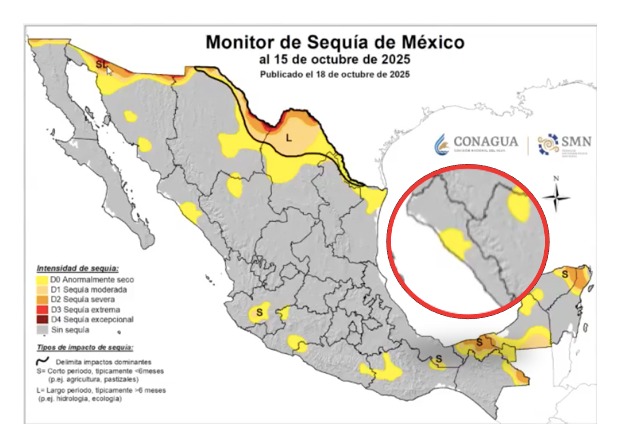 Monitor de sequía en México al 15 de octubre. Conagua