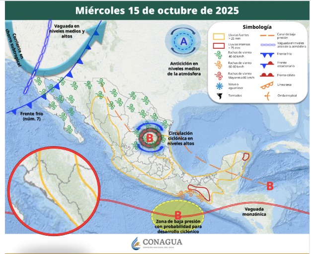 Áreas de vigilancia por potencial de tormentas en México. Sinaloa en el círculo. Conagua-SMN