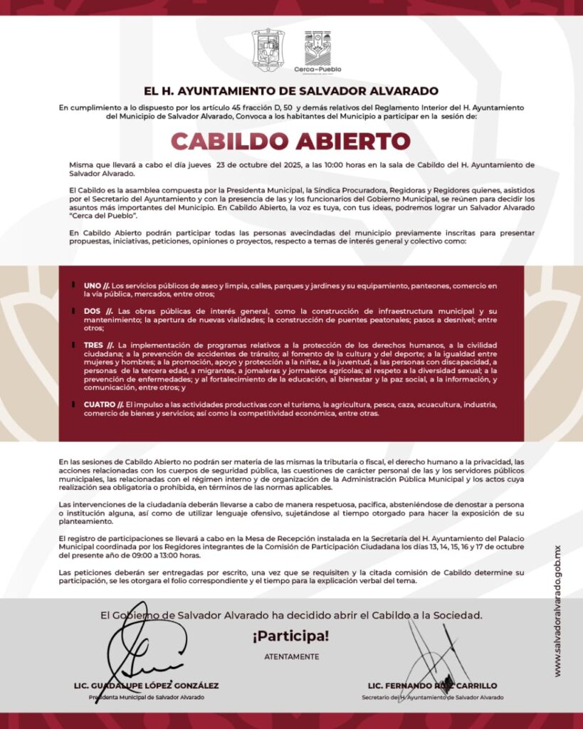 Invitan a ciudadanos de Salvador Alvarado a participar en el Cabildo Abierto 
