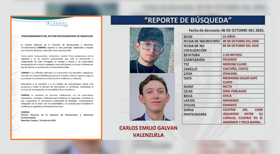 Comunicado de Canirac sobre joven de Durango desaparecido en Mazatlán.