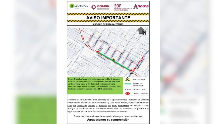 Cerrarán tramo del bulevar Centenario por trabajos en el colector Mochicahui