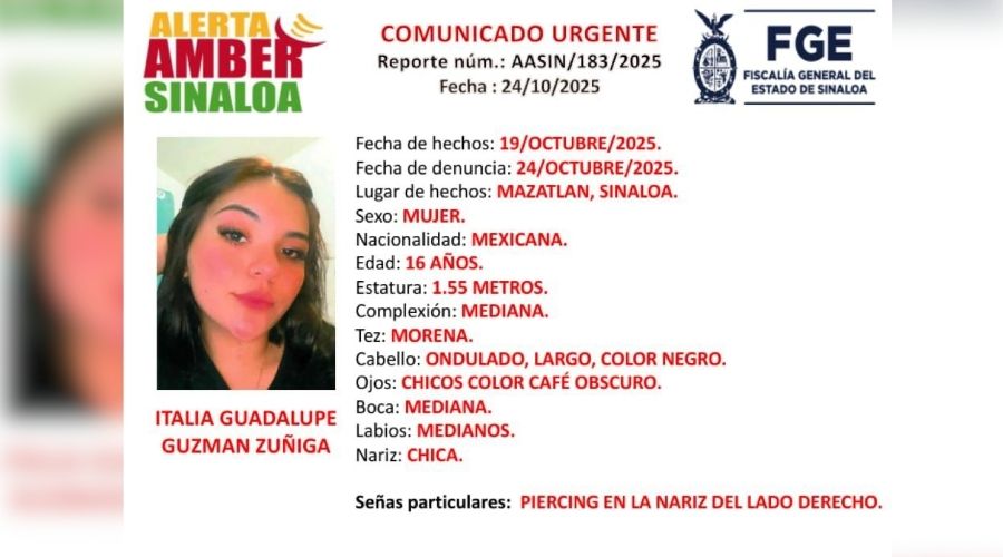 Desaparece la adolescente Italia Guadalupe de 16 años en Pradera Dorada IV, Mazatlán