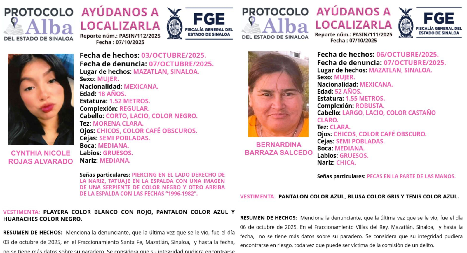 Buscan a Cynthia Nicole y Bernardina