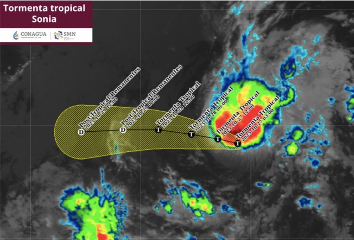 Desplazamiento de la tormenta tropical Sonia en el Pacífico. SMN