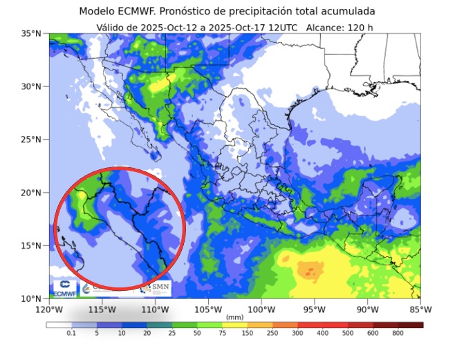 Probabilidad de lluvias a cinco días en México. En el círculo, Sinaloa. SMN