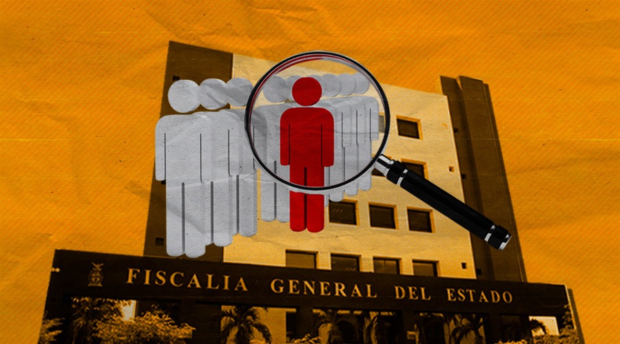Diseño de la Fiscalía General del Estado de Sinaloa con una ilustración de personas y una lupa