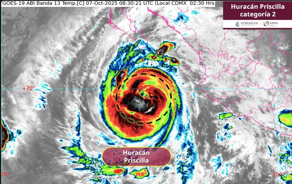 Priscilla alcanzó la madrugada de este 7 de octubre la categoría de huracán 2 frente a costas mexicanas. SMN
