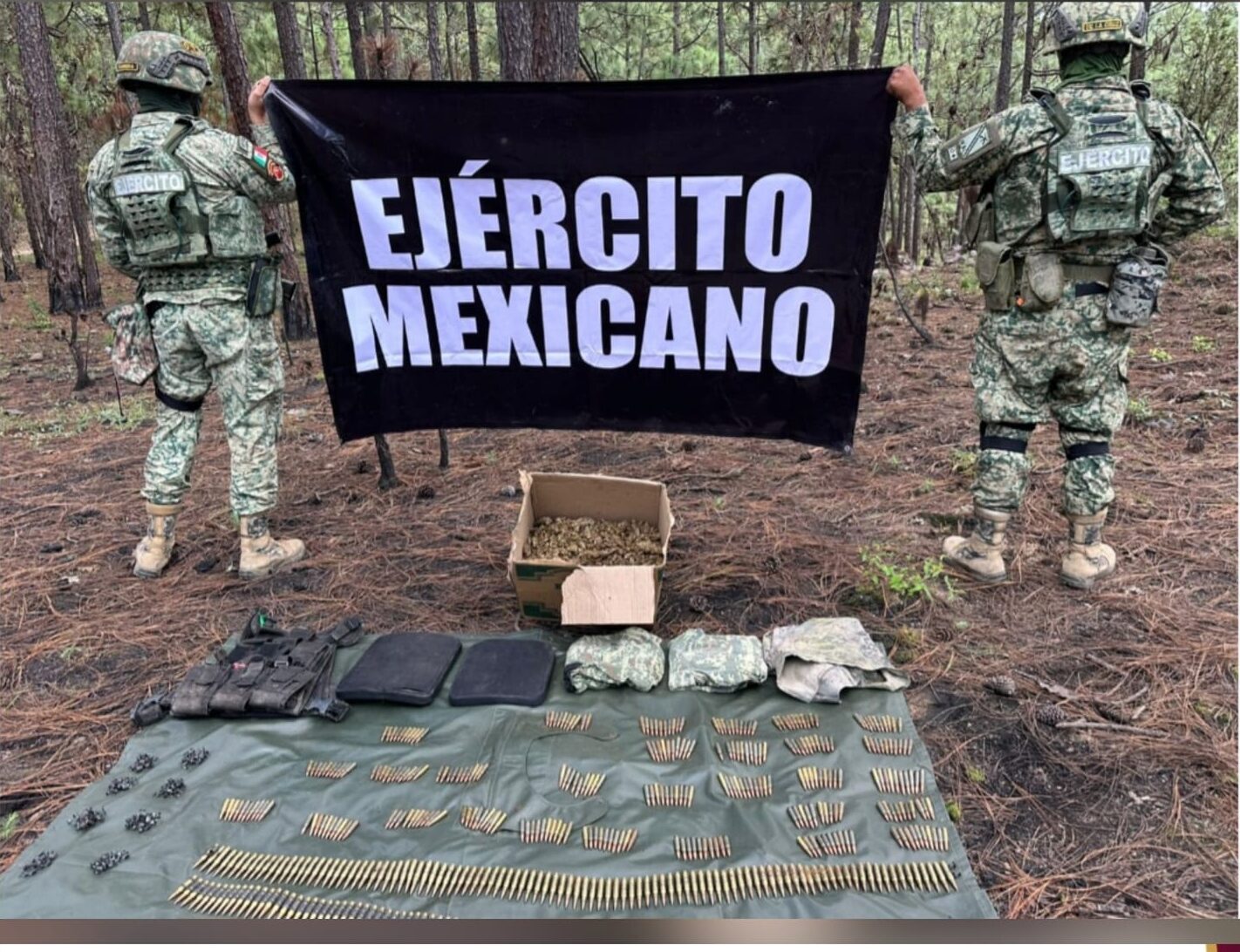 Militares aseguran municiones, equipo táctico y presunta droga en Concordia