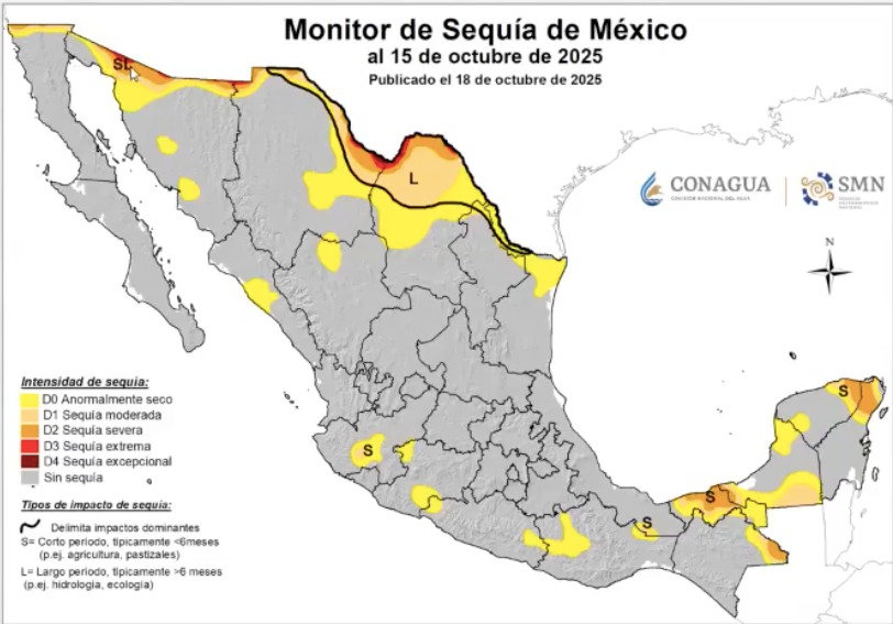 Monitor de sequía en México al 15 de octubre. Conagua-SMN