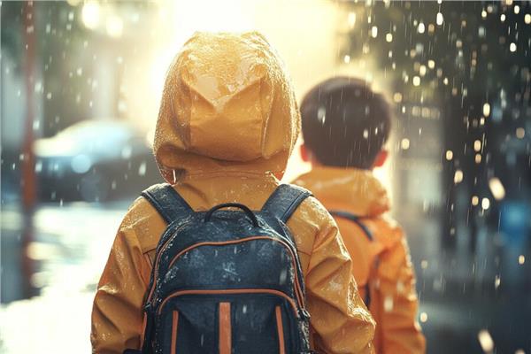 Niño con mochila e impermeable.