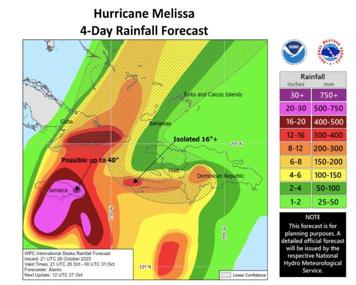 Nivel de lluvias en torno al huracán Melissa en el mar Caribe. NHC.