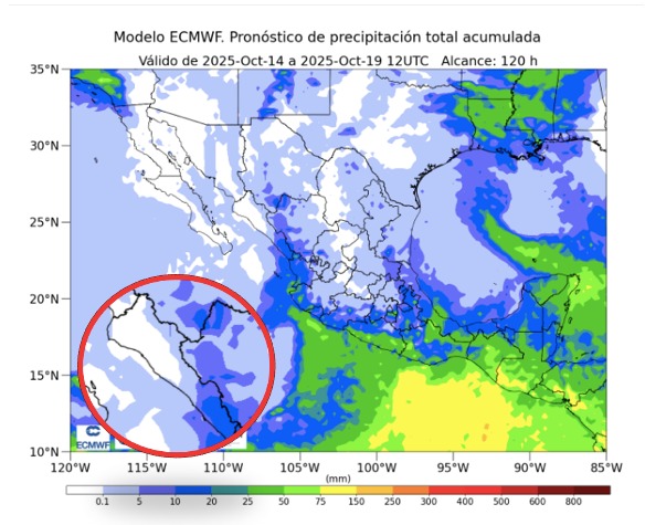 Probabilidad de lluvias a cinco días en México. En el círculo, Sinaloa. SMN