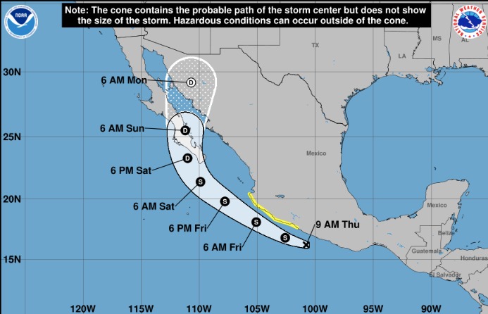 Posible trayectoria de la depresión tropical Diecisiete-E, próximo Raymond. NHC