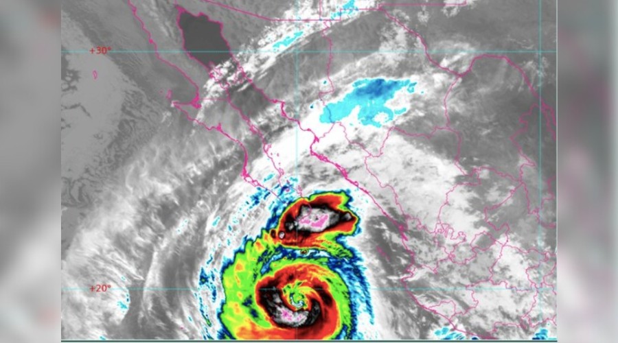 Imagen de satélite con la ubicación y efectos del huracán Priscila en BCS y el noroeste de México, en el pronósticohasta las 9:00 horas del SMN