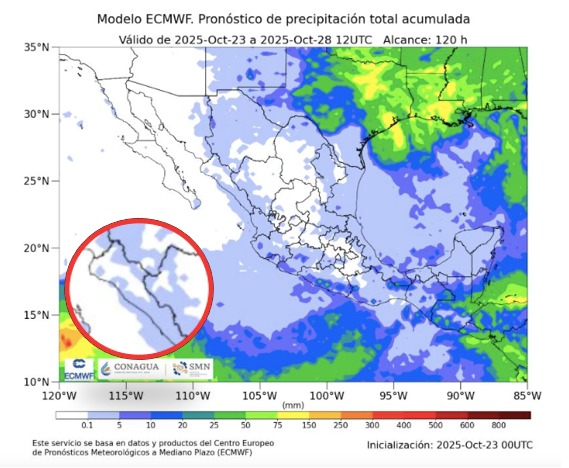 Probabilidad de lluvias a cinco días en México. En el círculo, Sinaloa. SMN