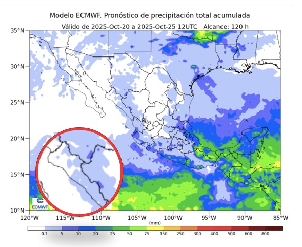 Probabilidad de lluvias a cinco días en México. En el círculo, Sinaloa. SMN