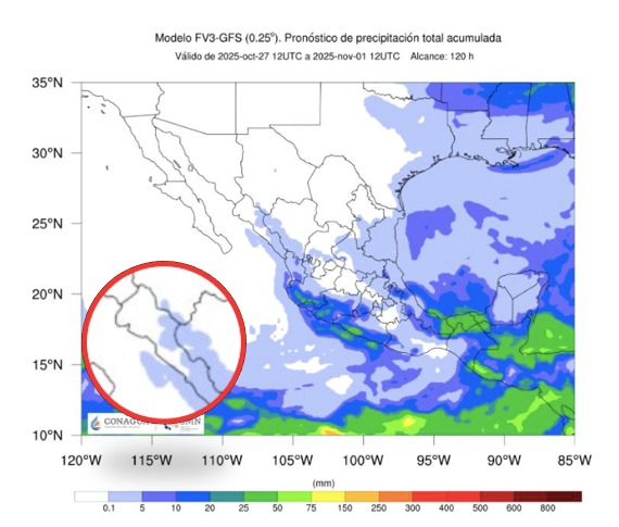Probabilidad de lluvias a cinco días en México. En el círculo, Sinaloa. SMN