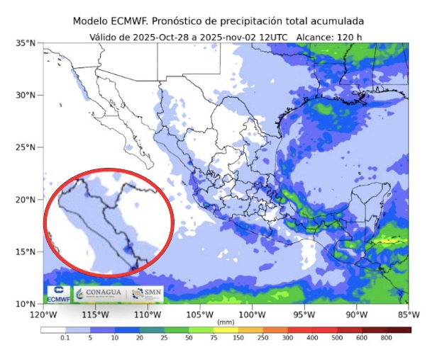 Probabilidad de lluvias a cinco días en México. En el círculo, Sinaloa. SMN