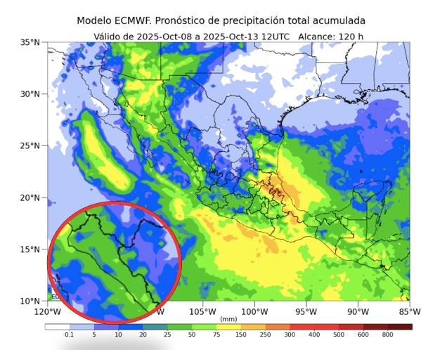 Probabilidad de lluvias a cinco días en México. En el círculo, Sinaloa. SMN