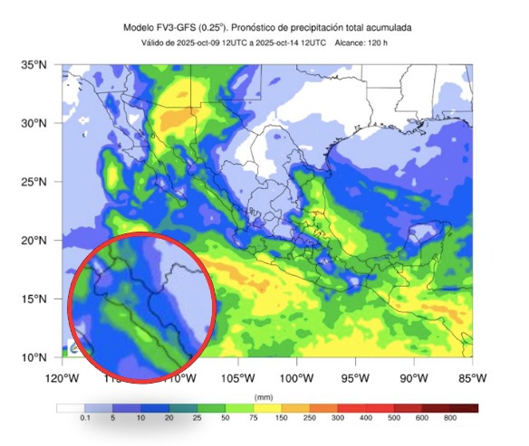Probabilidad de lluvias a cinco días en México. En el círculo, Sinaloa. SMN