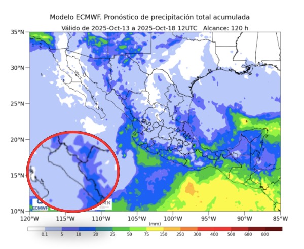 Probabilidad de lluvias a cinco días en México. En el círculo, Sinaloa. SMN