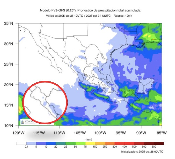 Probabilidad de lluvias a cinco días en México. En el círculo, Sinaloa. SMN