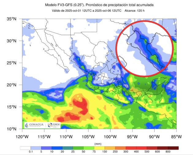 Probabilidad de lluvias a cinco días en México. En el círculo, Sinaloa. SMN