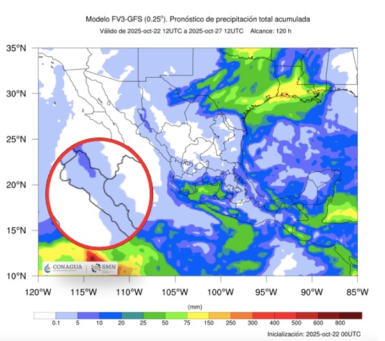 Probabilidad de lluvias a cinco días en México. En el círculo, Sinaloa. SMN
