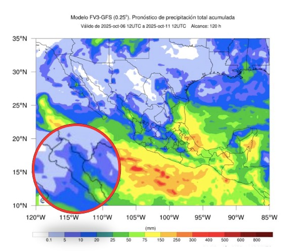 Probabilidad de lluvias a cinco días en México. En el círculo, Sinaloa. SMN