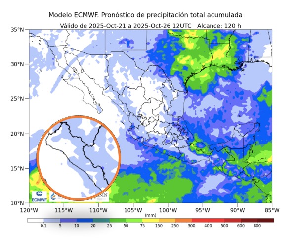 Probabilidad de lluvias a cinco días en México. En el círculo, Sinaloa. SMN